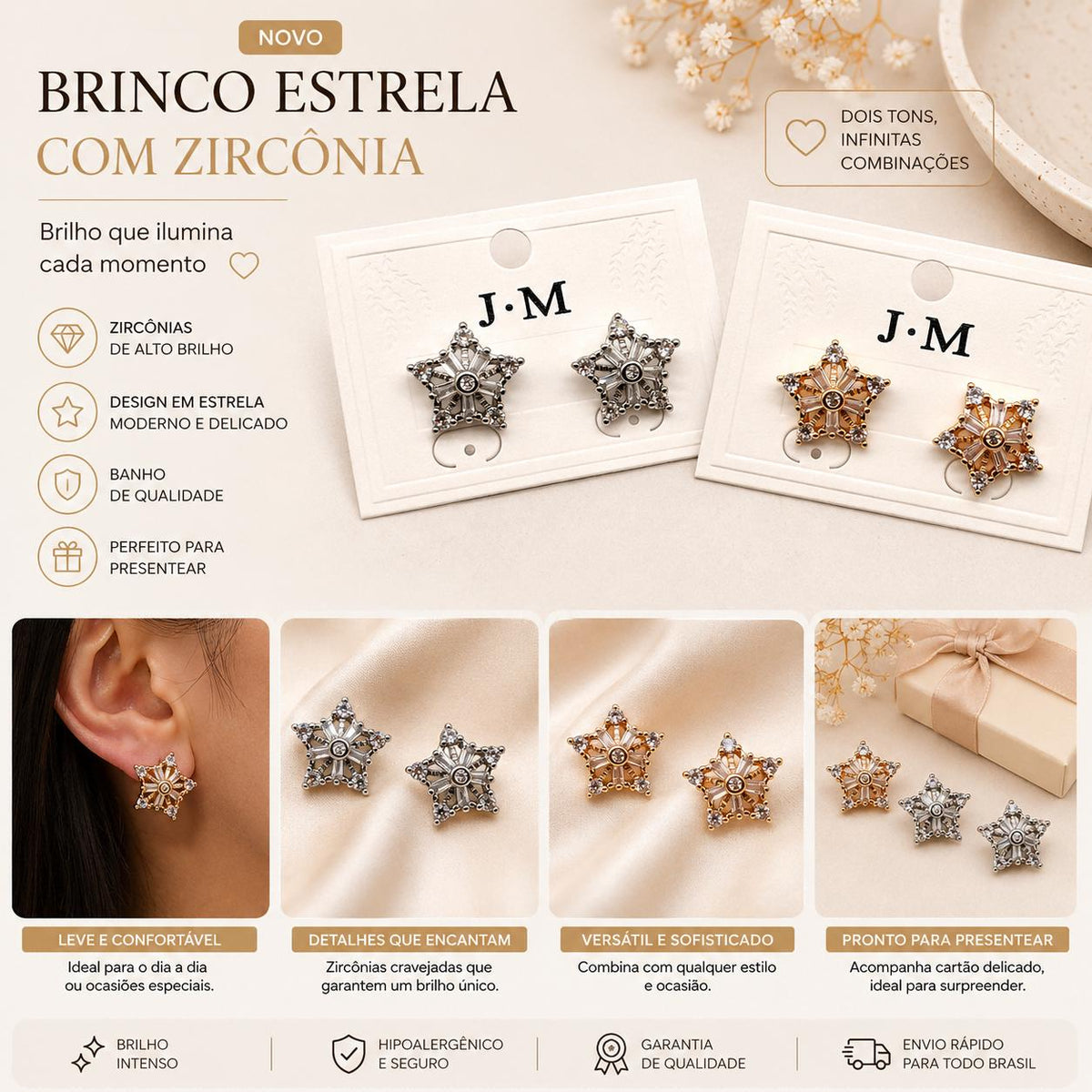 Brinco Estrela com Zircônias em Corte Baguete e Redondas Brilho Dinâmico Elegância para Ocasiões Especiais