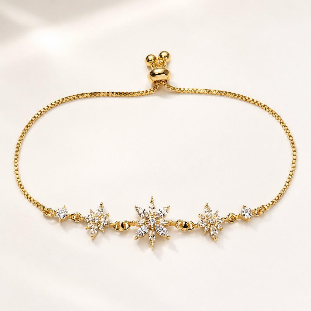 Pulseira Ajustável de Flocos de Neve com Zircônias Brilhantes | Pulseira Feminina Dourada e Prateada Acessório Delicado para Presente