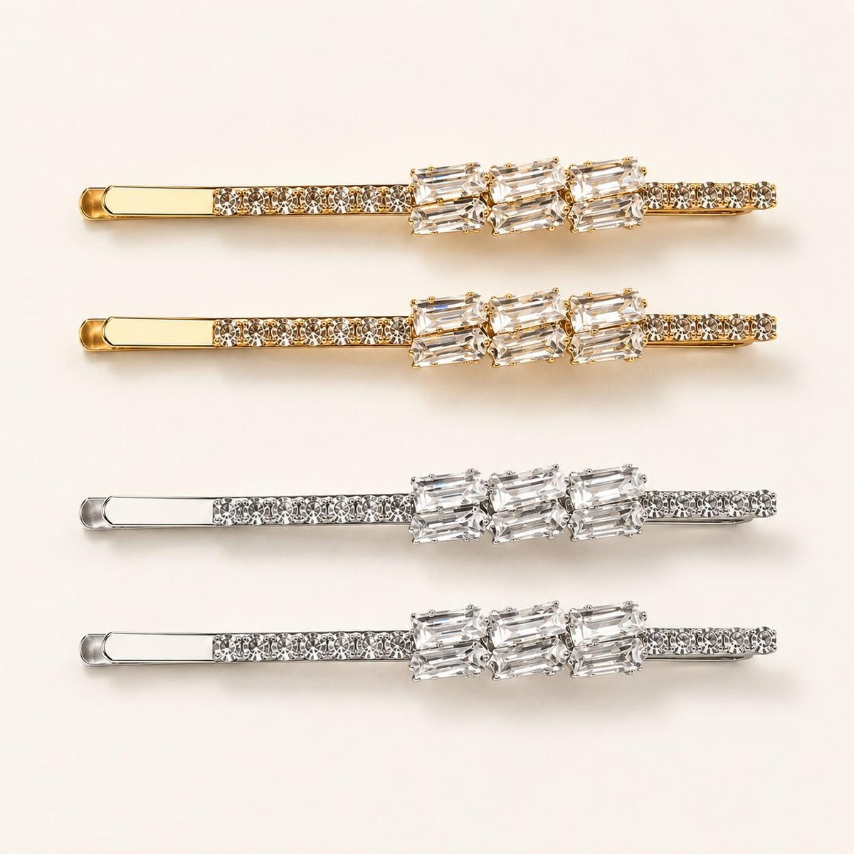Kit 2 Presilhas de Cabelo com Zircônias Retangulares | Presilha Feminina Elegante Dourado e Prateado