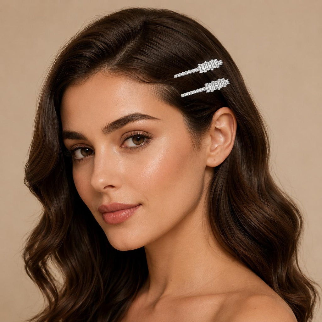 Kit 2 Presilhas de Cabelo Retângulo Zircônia | Presilha Feminina Elegante Dourado e Prateado