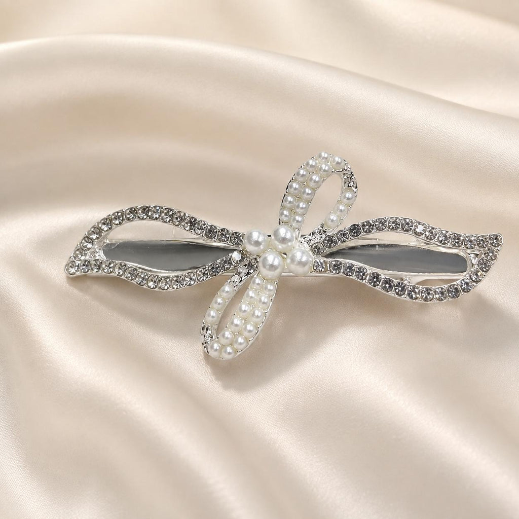 Presilha Laço com Pérolas e Zircônias Elegante | Grampo Dourado e Prateado para Cabelo Uso Diário e Festas