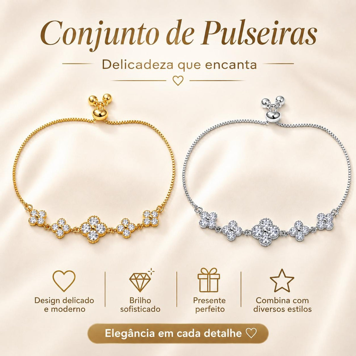 Pulseira Ajustável Flor Trevo Quatro Folhas com Zircônias Brilhantes | Pulseira Feminina Dourada e Prateada Acessório Delicado para Presente