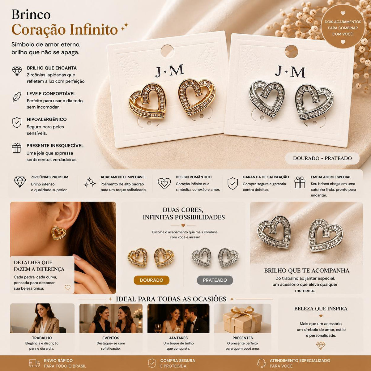 Brinco Coração Vazado com Zircônias Baguete