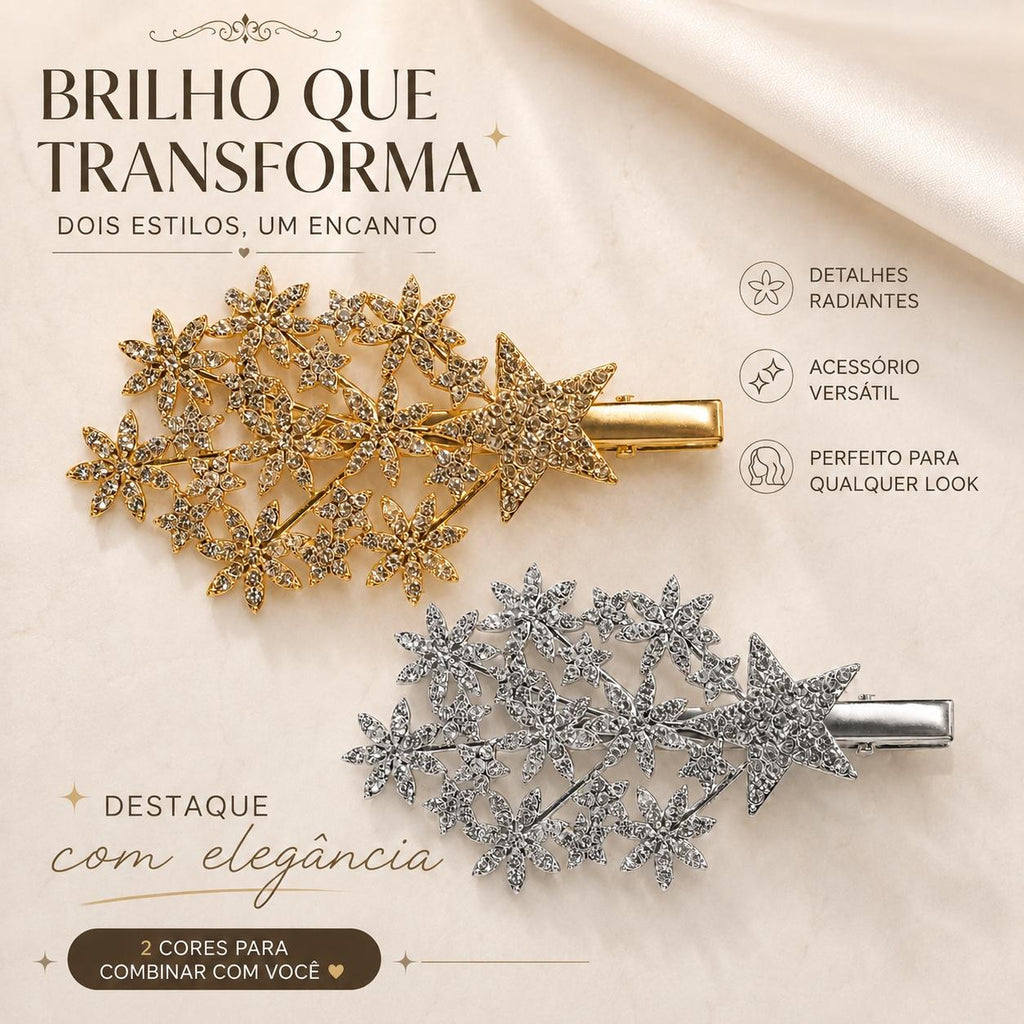 Presilha Estrelas e Flores Cheia de Zircônias Radiante | Grampo Dourado e Prateado Acessório Feminino para Dia a Dia e Festas
