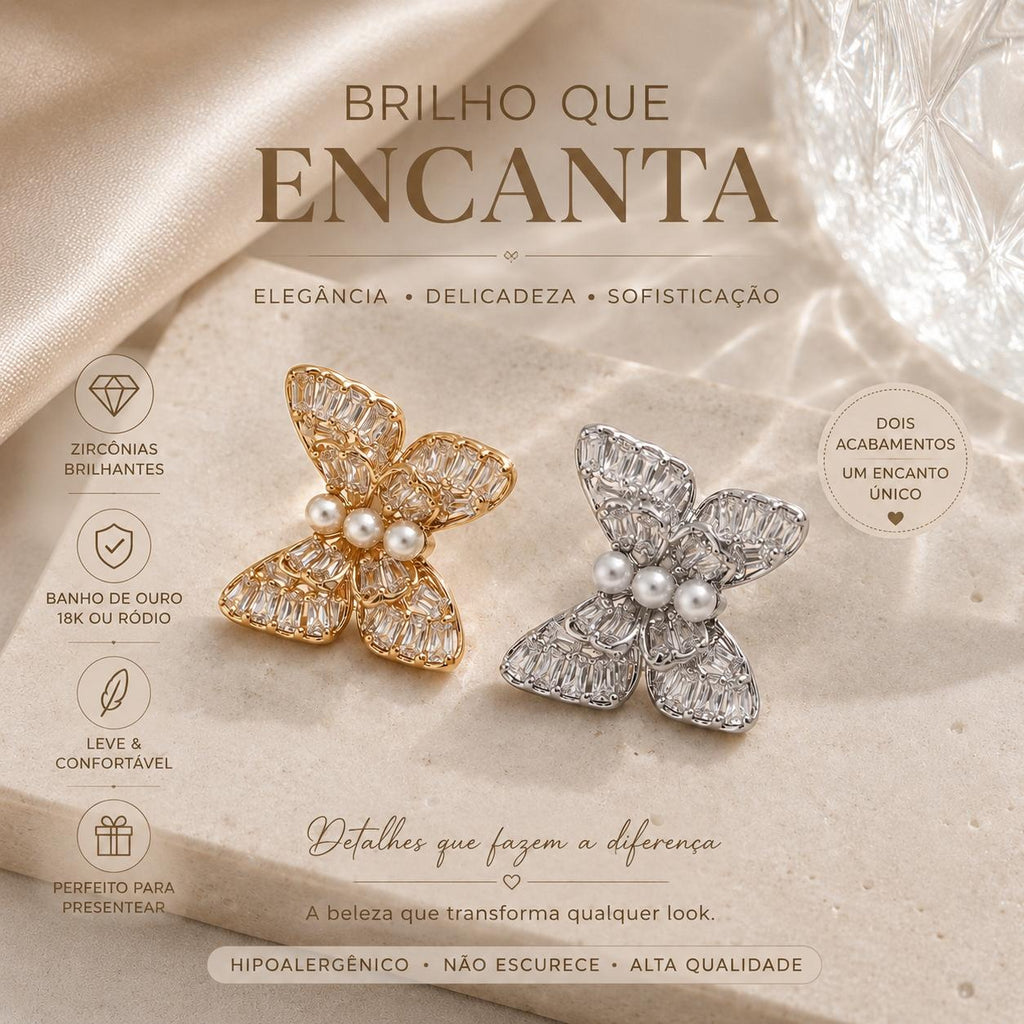 Brinco Borboleta com Zircônias Baguete e Pérolas