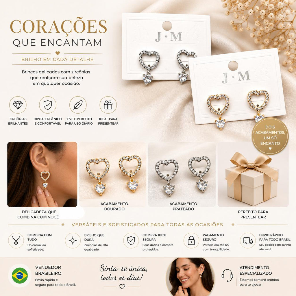 Brinco Coração Duplo em Zircônia - Design Romântico e Luxuoso com Zircônias Brilhantes para Ocasiões Variadas