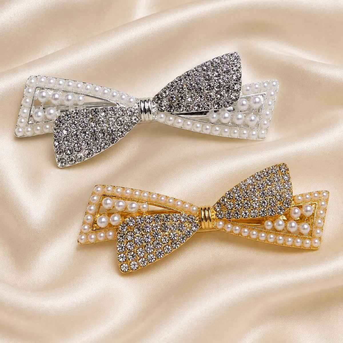 Presilha Laço com Pérolas e Zircônias Dupla Textura | Grampo Elegante Dourado e Prateado para Cabelo Dia a Dia e Festas