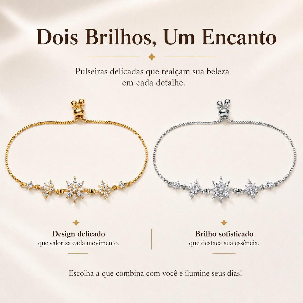 Pulseira Ajustável de Flocos de Neve com Zircônias Brilhantes | Pulseira Feminina Dourada e Prateada Acessório Delicado para Presente
