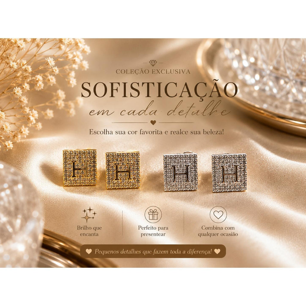 Brinco Quadrado com Letra H e Zircônias Design Moderno e Elegante Micro-pavimentação de Luxo para Ocasiões Especiais