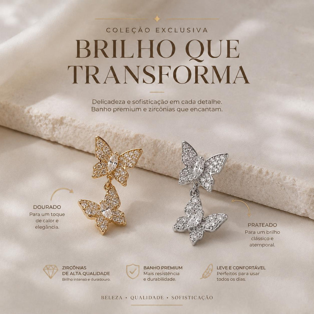 Brinco Pendente Dupla Borboleta Cravejada com Zircônias