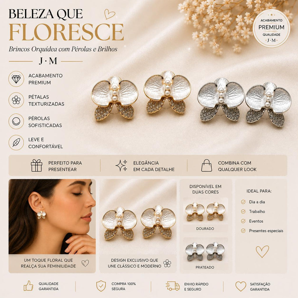Brinco Orquídea com Pérolas e Zircônias Elegância Atemporal Joias Charmosas e Naturais Design Exclusivo Pétalas Texturizadas