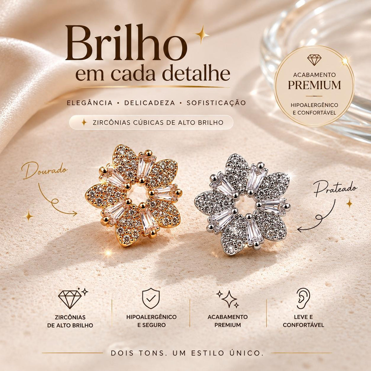 Brinco Flor Estrela com Zircônias Redondas e Corte Baguete Design Simétrico Brilho Contínuo Elegância e Sofisticação para Qualquer Ocasião