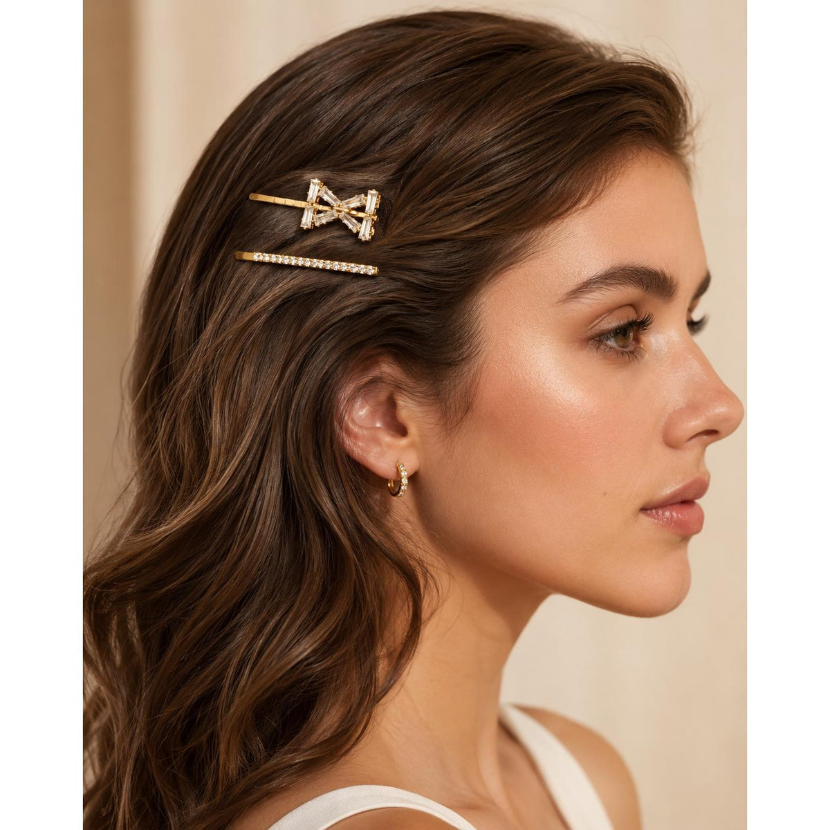 Kit Grampo de Cabelo Laço com Zircônia 2 Peças | Presilha Feminina Delicada Dourado e Prateado