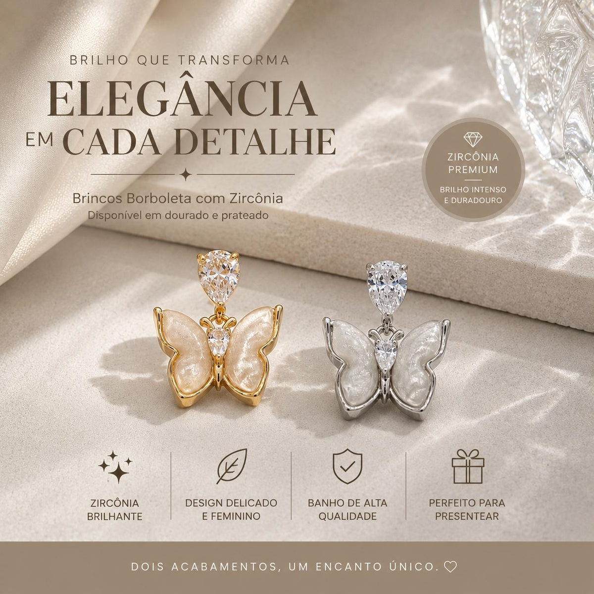 Brinco Borboleta com Zircônias e Esmalte